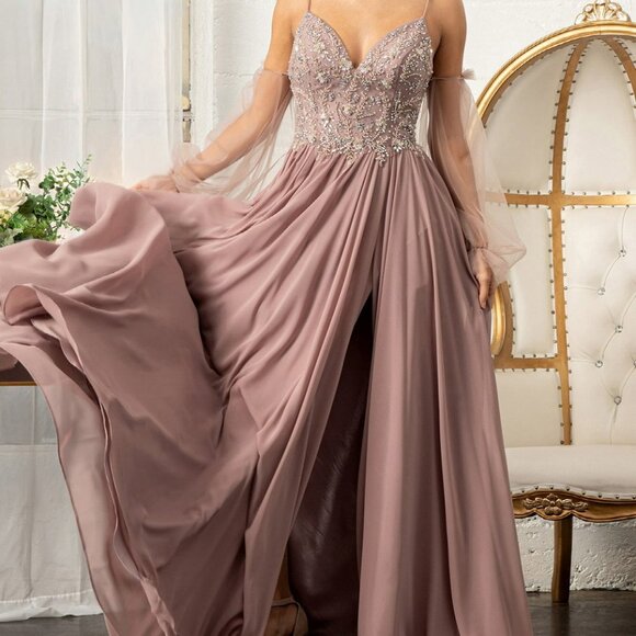 NEW MAUVE COLORDetachable Mesh Sleeve V-Neck Chiffon Prom Dress GL3005